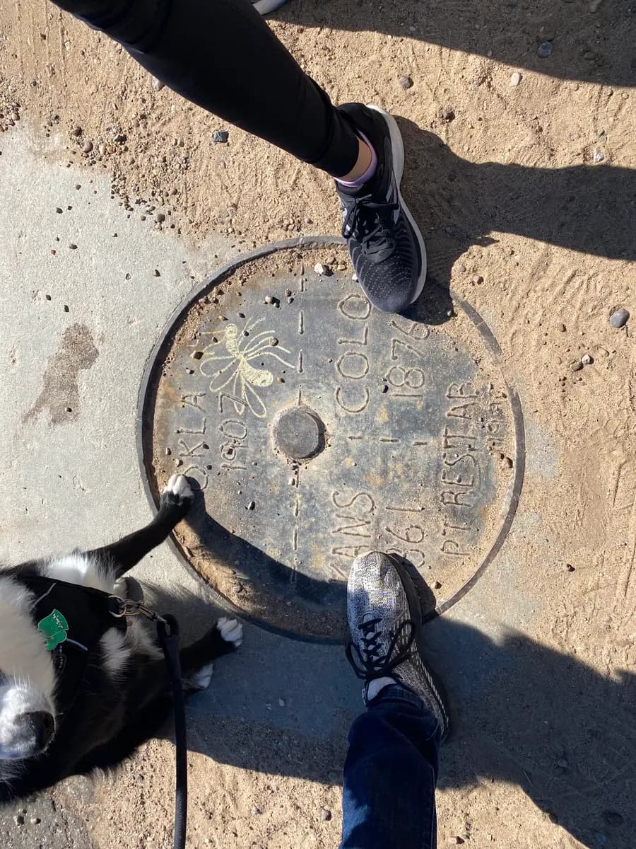 Indy beside the survey marker where three state lines meet