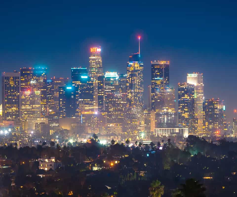 Downtown Los Angeles at night above the lights of the hills