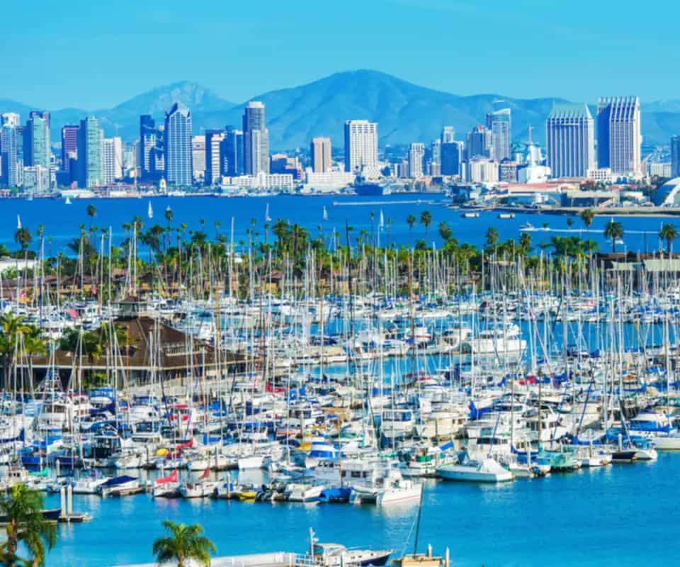 Downtown San Diego across the bay, above a marina