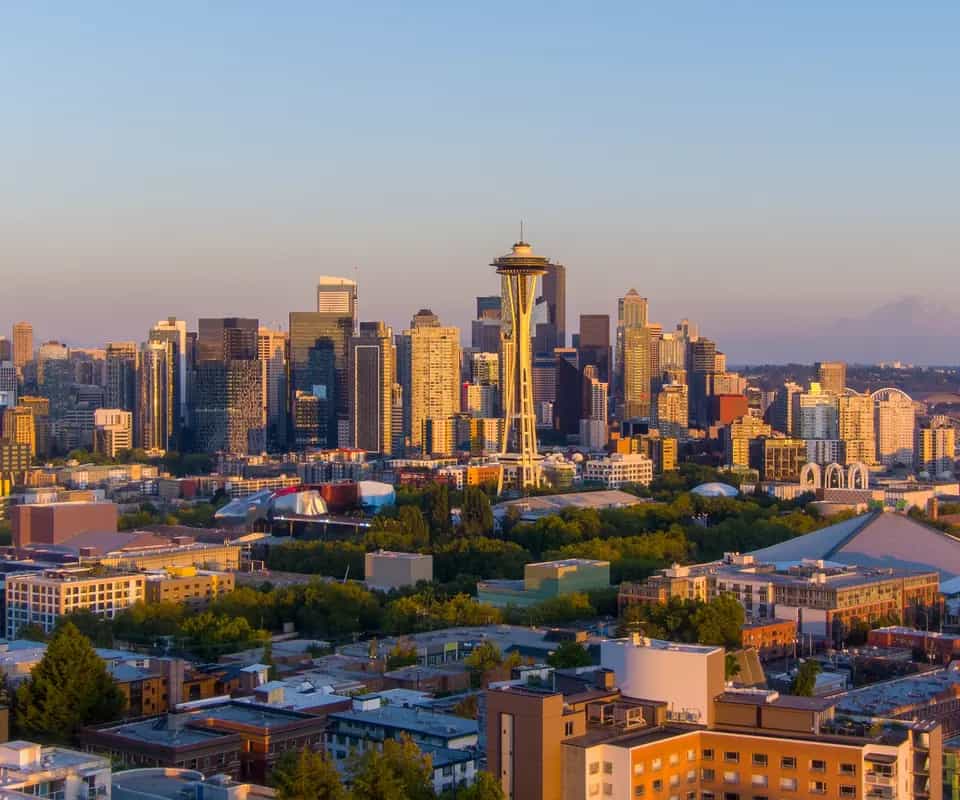 The Seattle skyline and the Space Needle at sunset