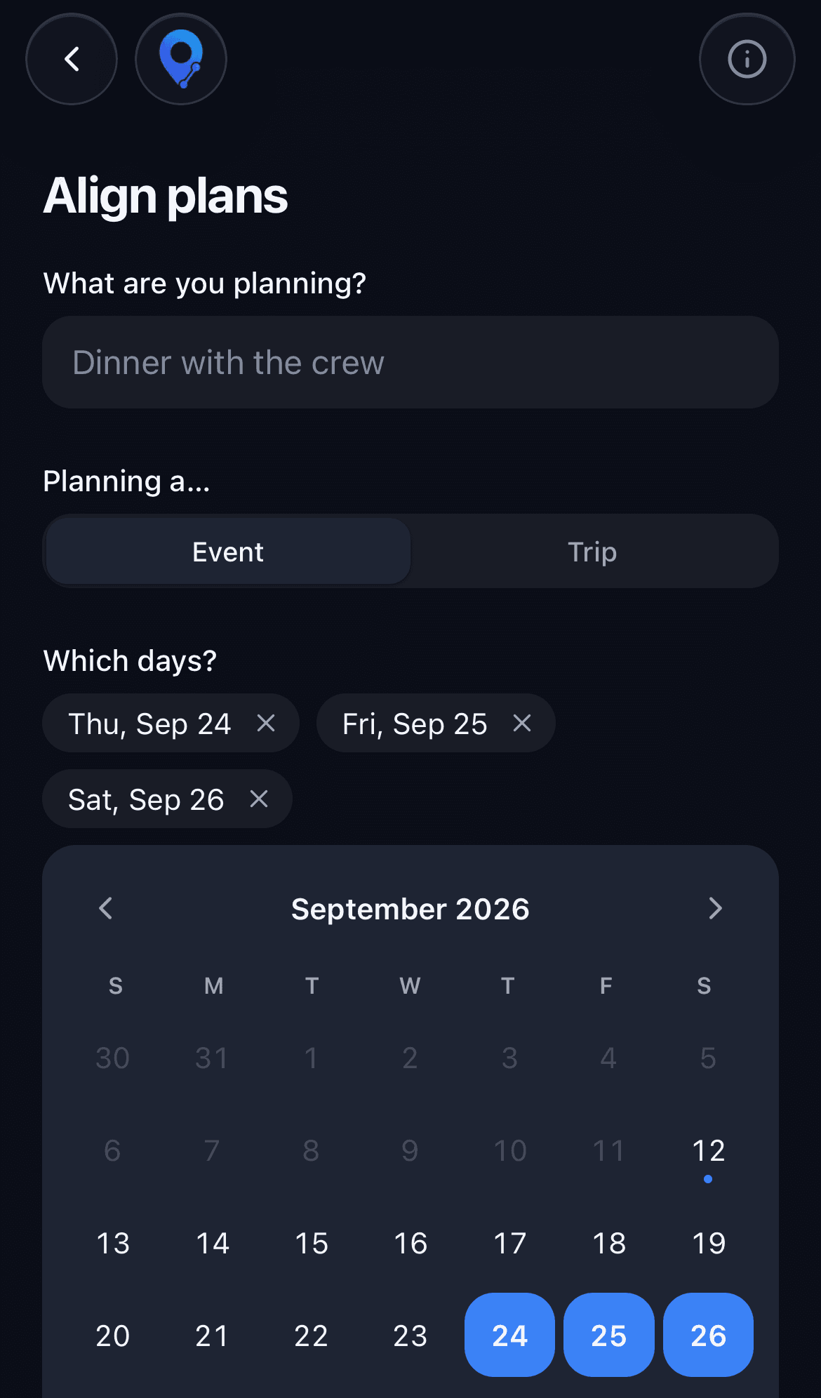 Starting an Align plan: a name, event or trip, and three days picked on a calendar