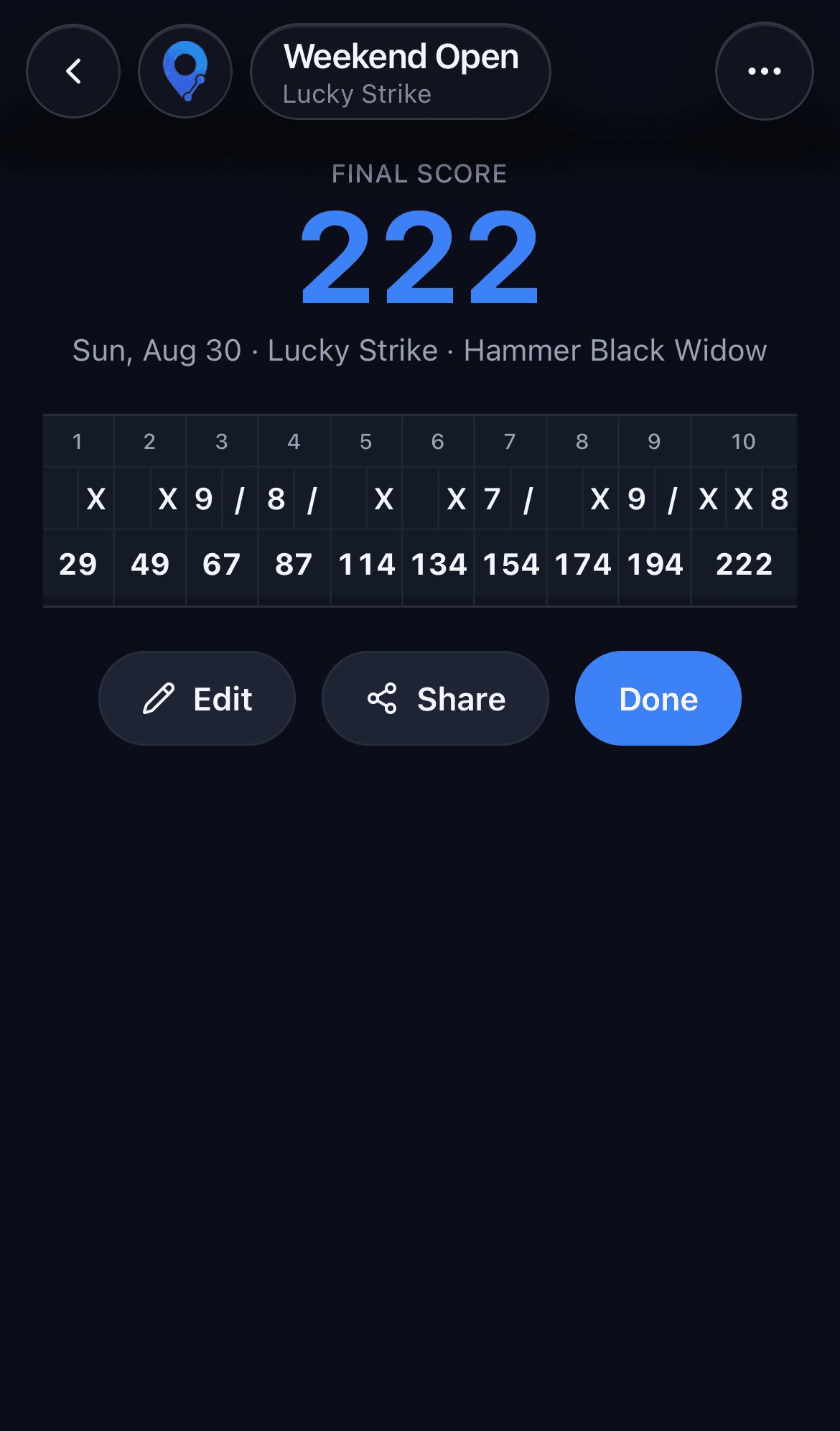 A shareable square score card for a finished bowling game