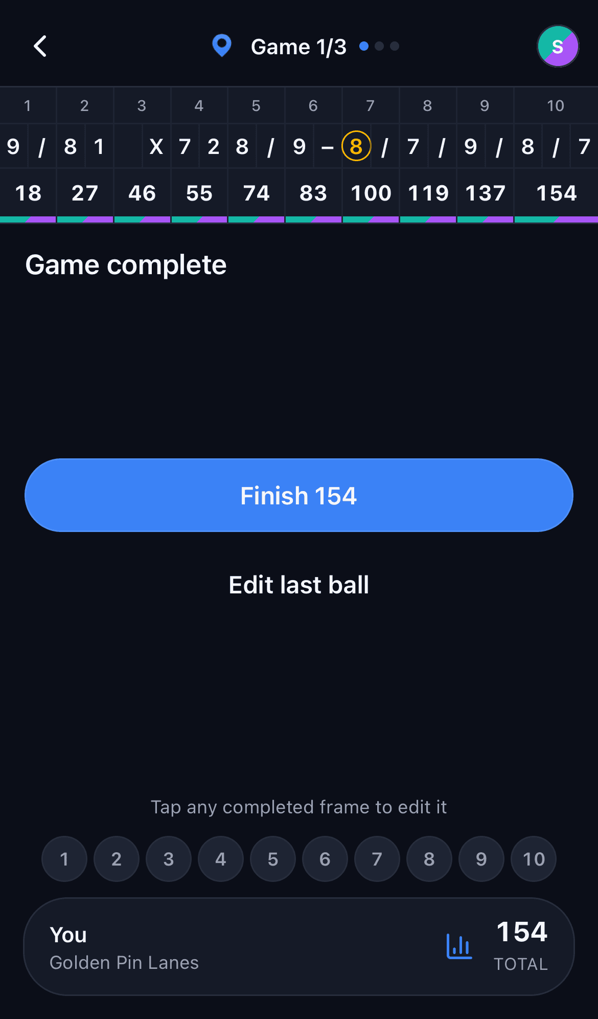 Pin-by-pin entry on the bowling scoring screen