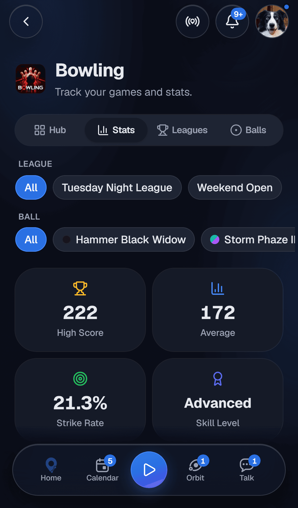 Lifetime bowling stats with spare conversion and a skill rating