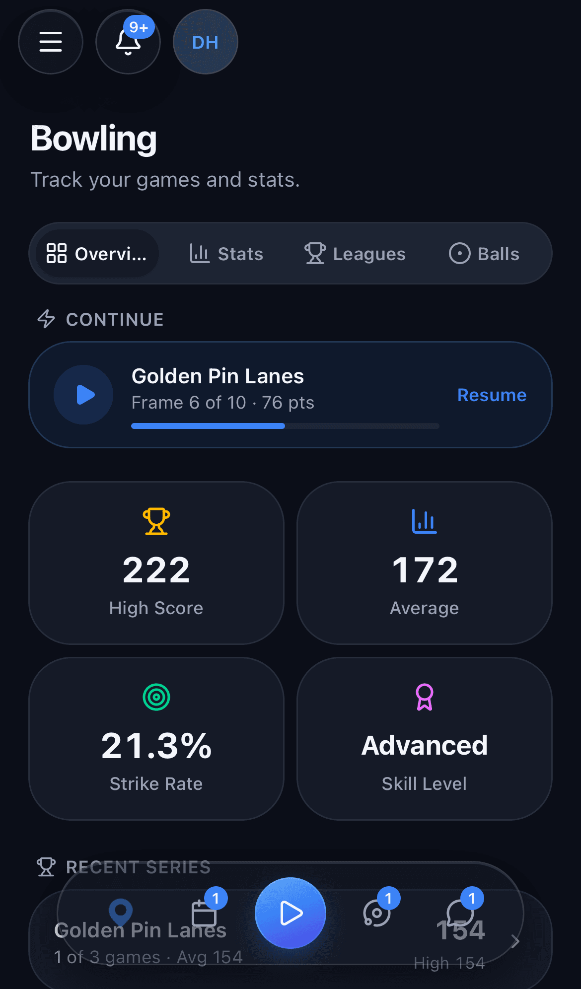 The bowling tracker hub with your stats and recent series