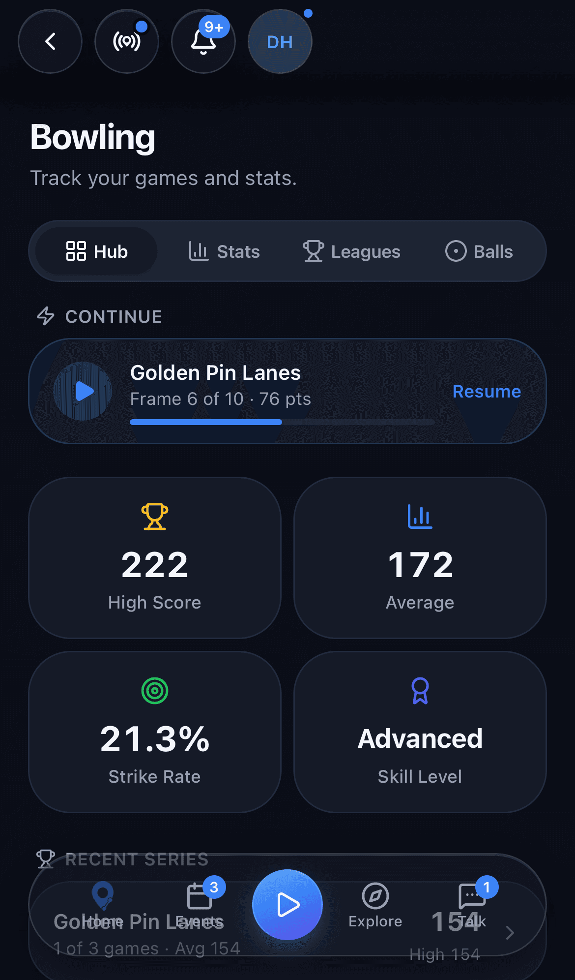 The bowling hub: your average, high game, strike rate, and recent series at a glance