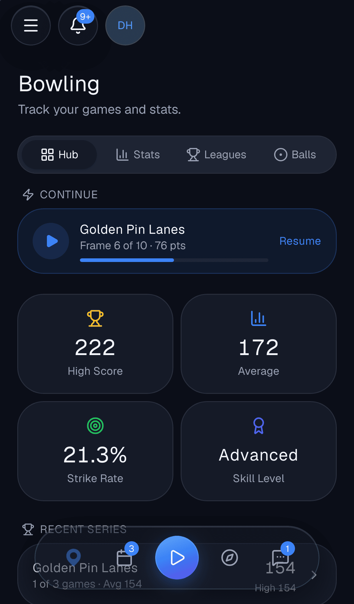 The bowling tracker hub with your stats and recent series