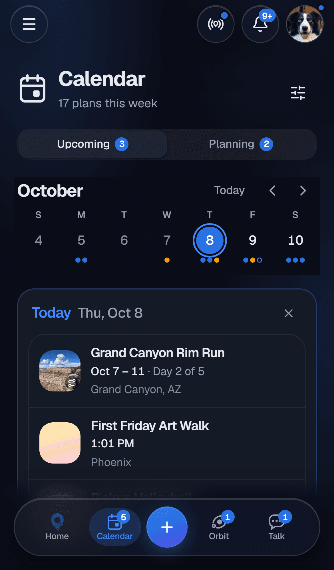 An opened day on the Joinue calendar showing an invitation, its overlap line, and the RSVP control