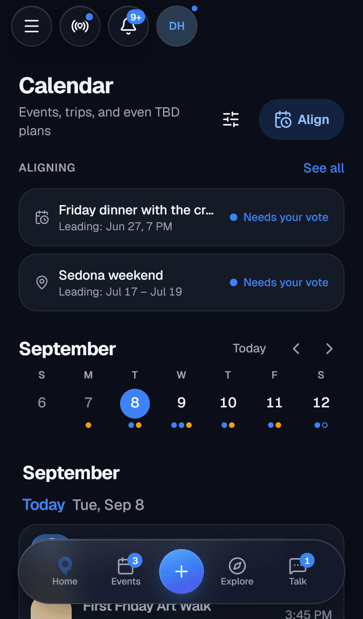 The Joinue calendar on a phone: a week strip, plans being aligned, and the days ahead