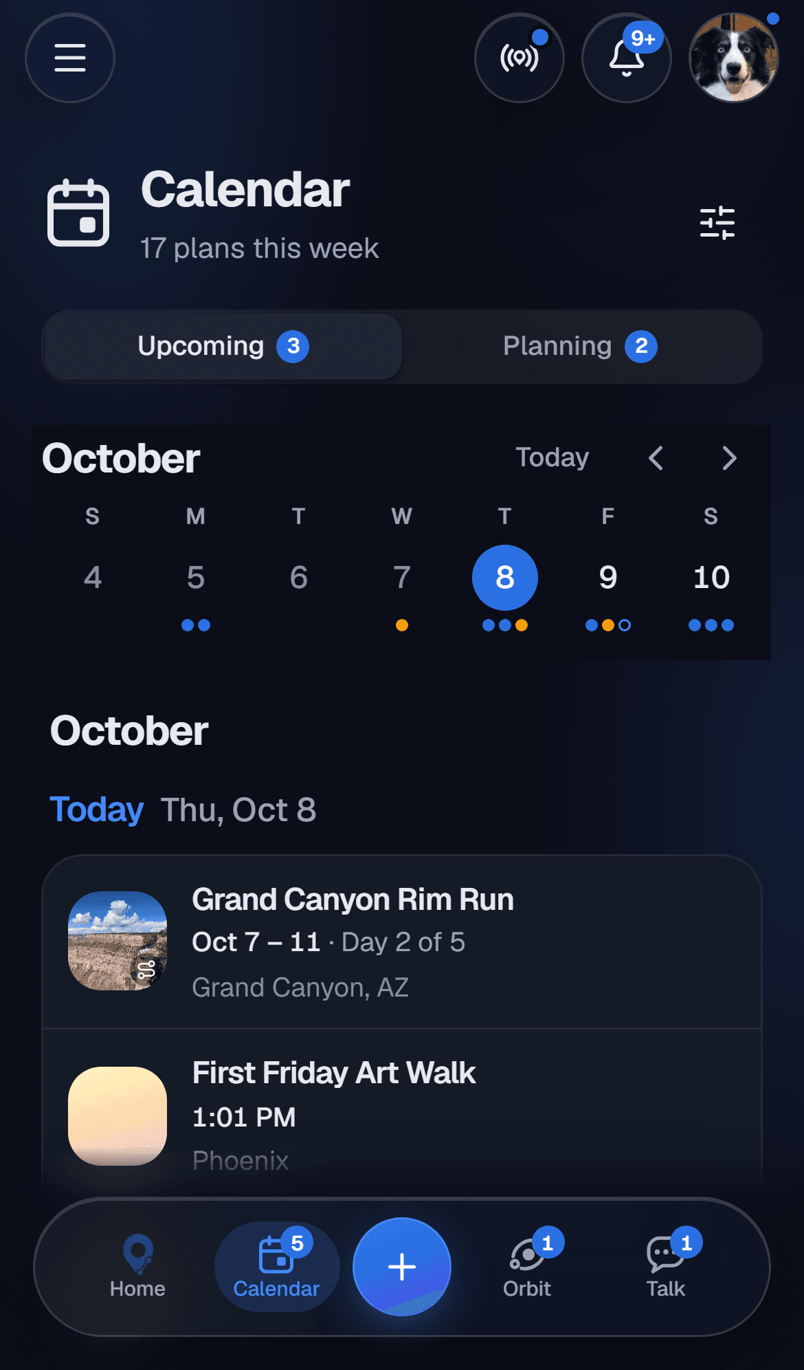 The Joinue calendar on a phone: a week strip, plans being aligned, and the days ahead