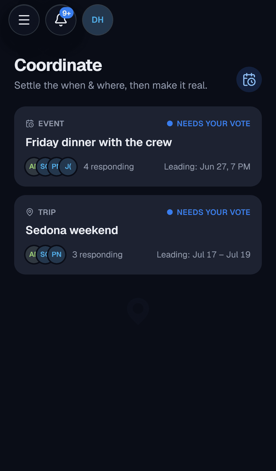 Coordination polls showing votes and the leading option