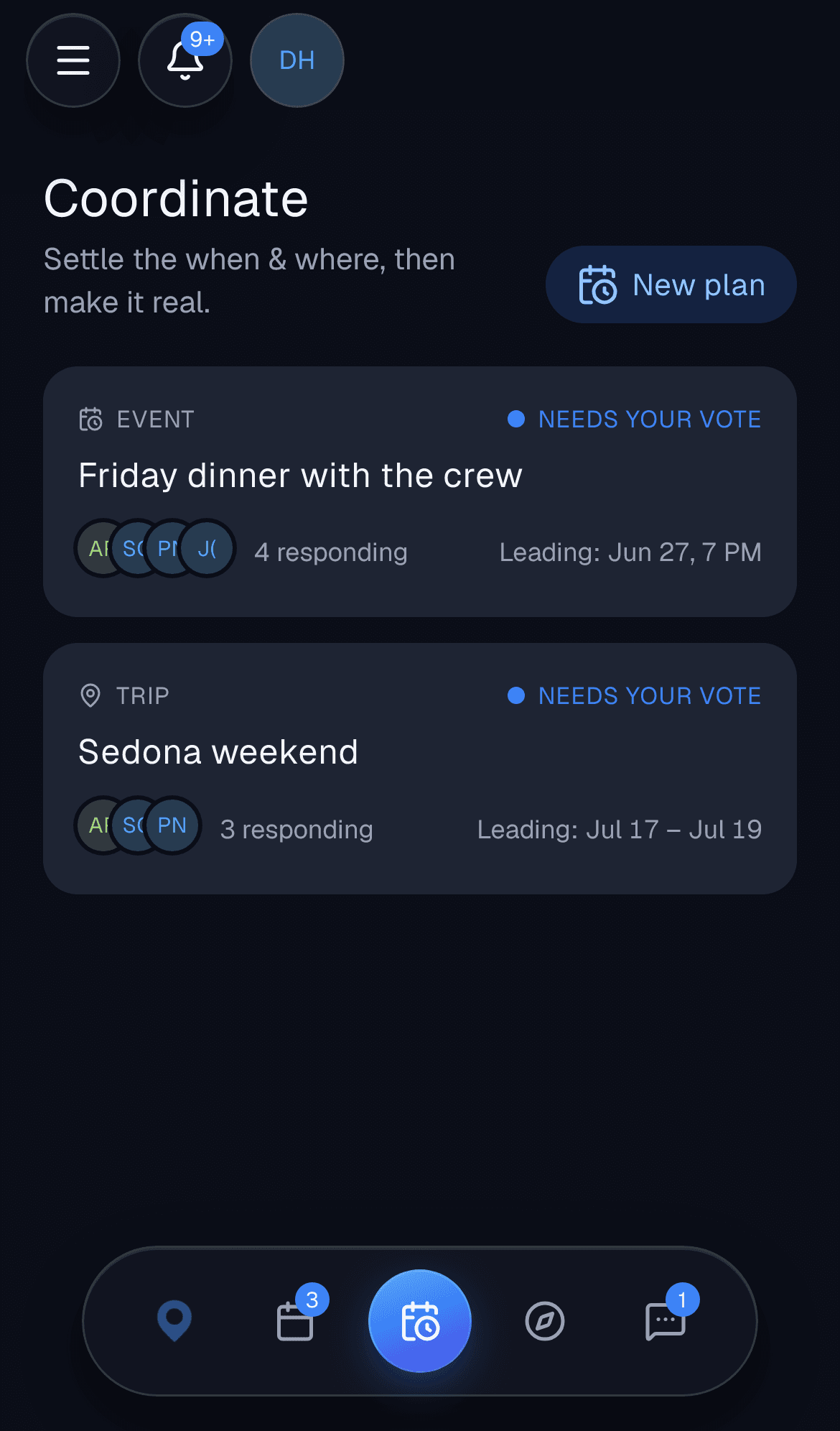 Coordination polls showing votes and the leading option
