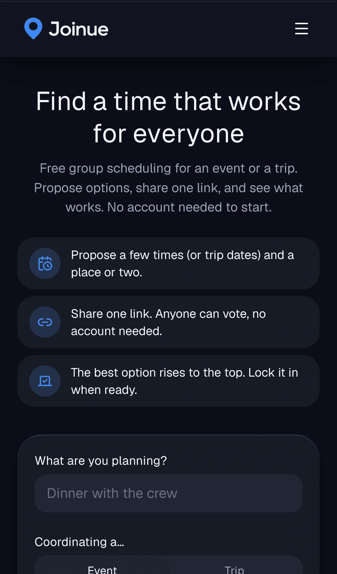 A coordination poll showing time options and votes