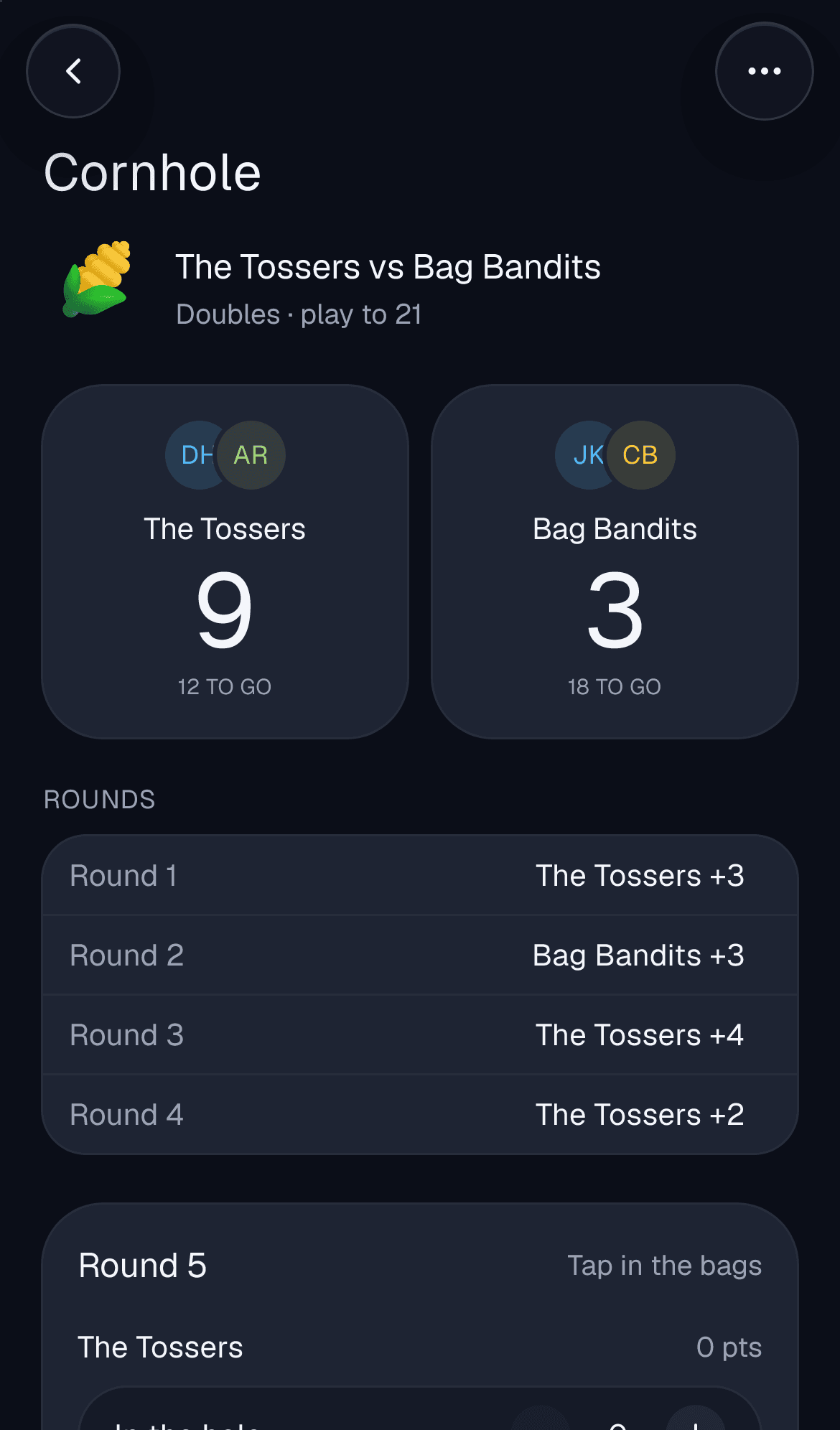 A cornhole match scoreboard
