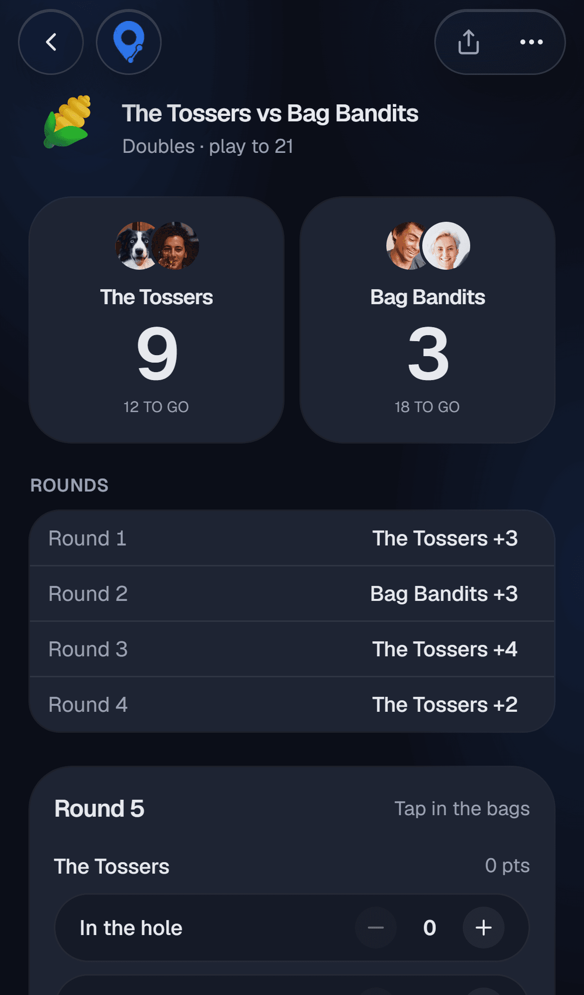A doubles cornhole match in progress, scored round by round