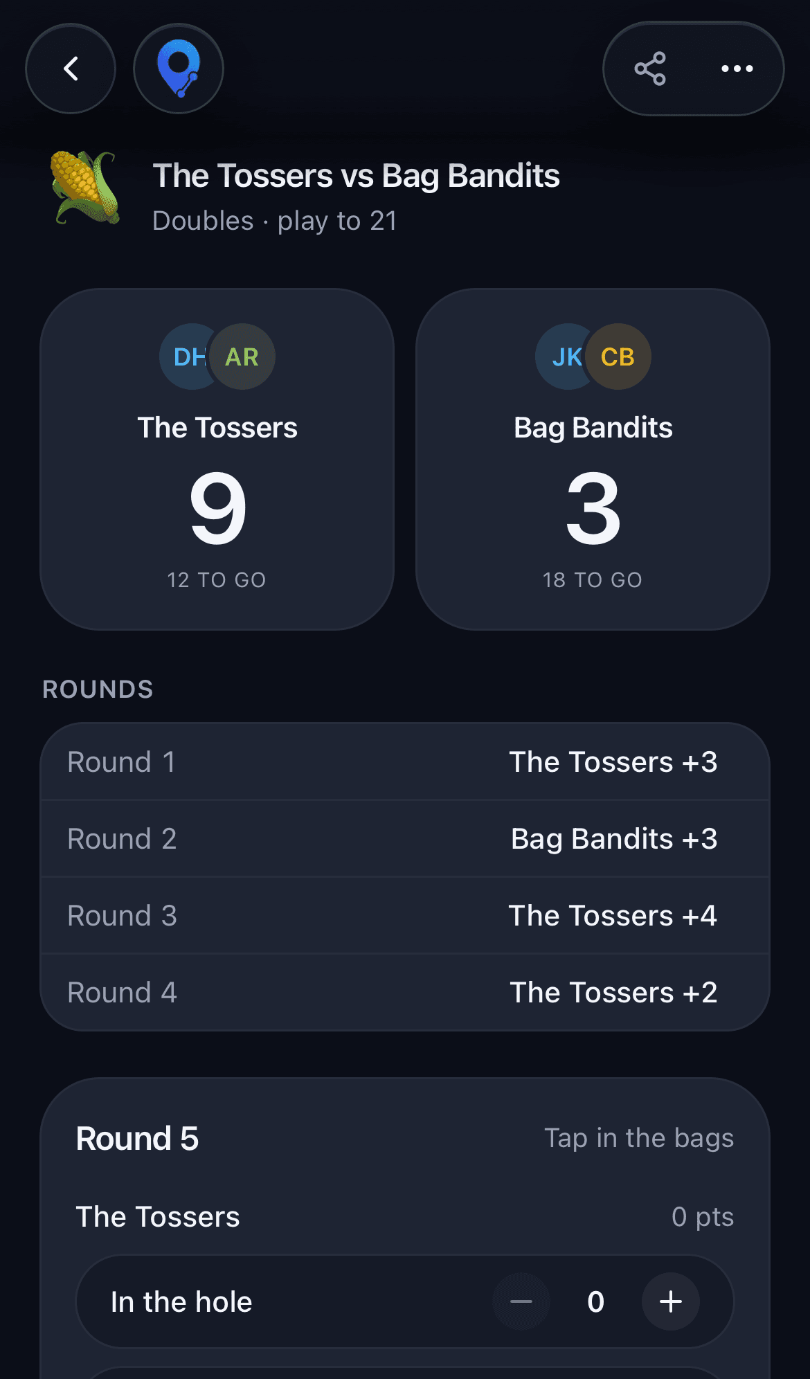 A doubles cornhole match in progress, scored round by round