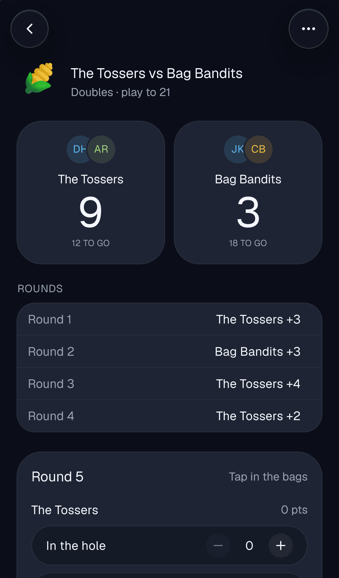 A doubles cornhole match in progress, scored round by round