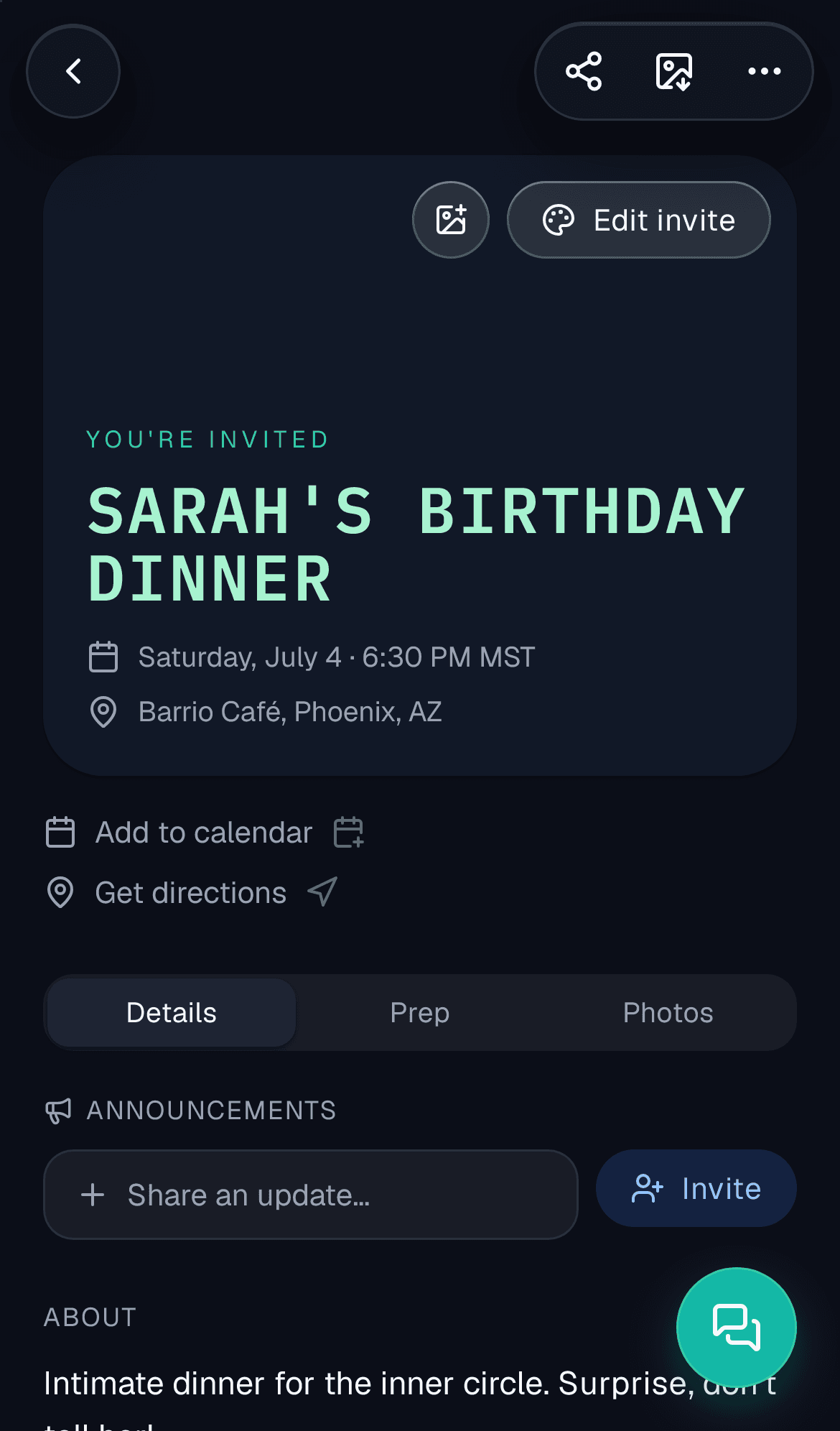 An event invite with a custom photo banner