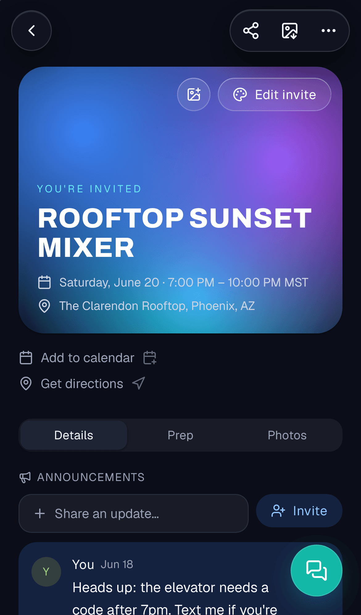 An event page in Joinue showing the guest list and RSVP