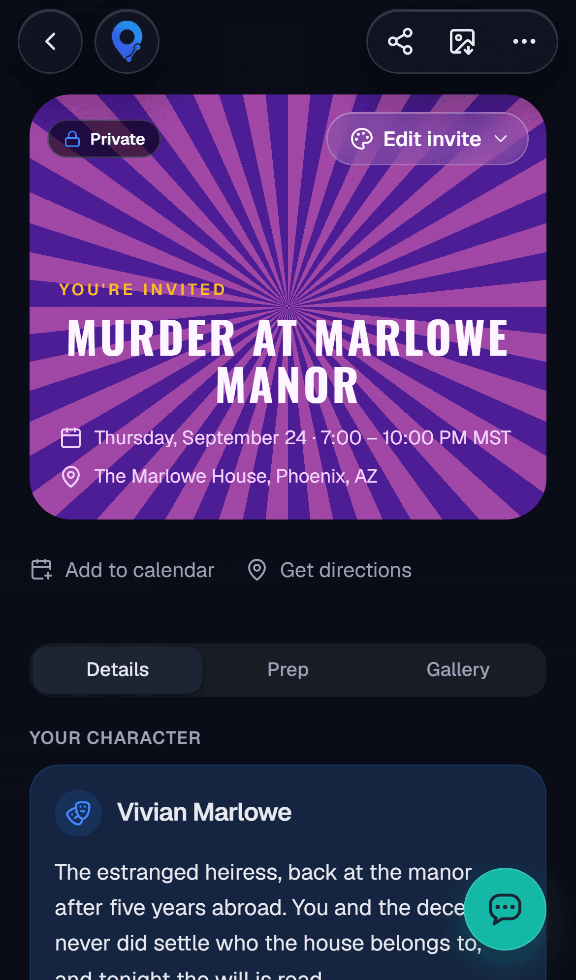 A murder mystery event with secret per-guest roles