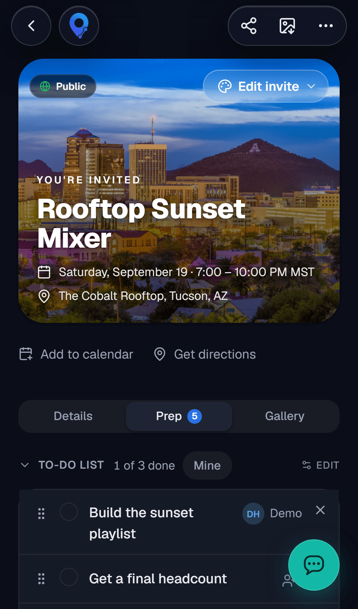 The event prep tab with a what-to-bring list and a poll