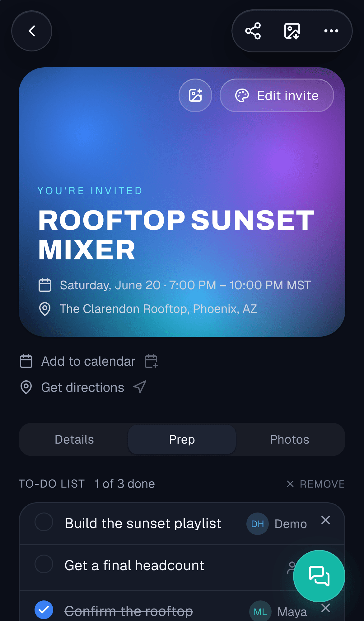 The event prep tab with a what-to-bring list and a poll