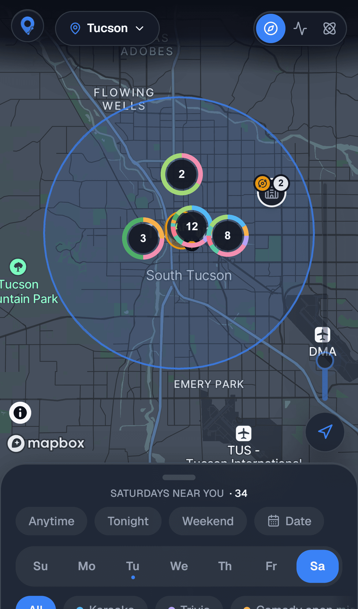 The map with one weekday picked: only the venues with something on that night stay lit