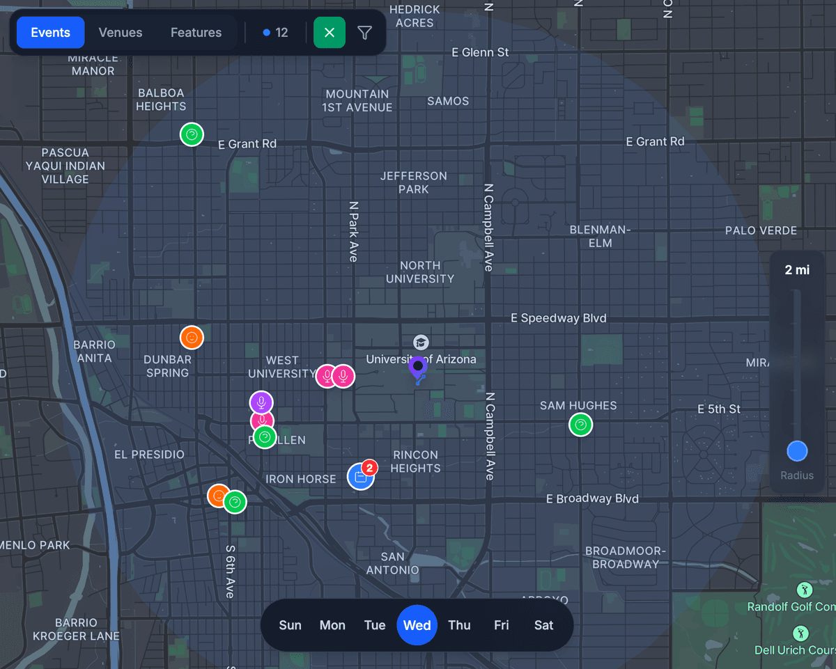 Joinue interactive map showing local events and venues