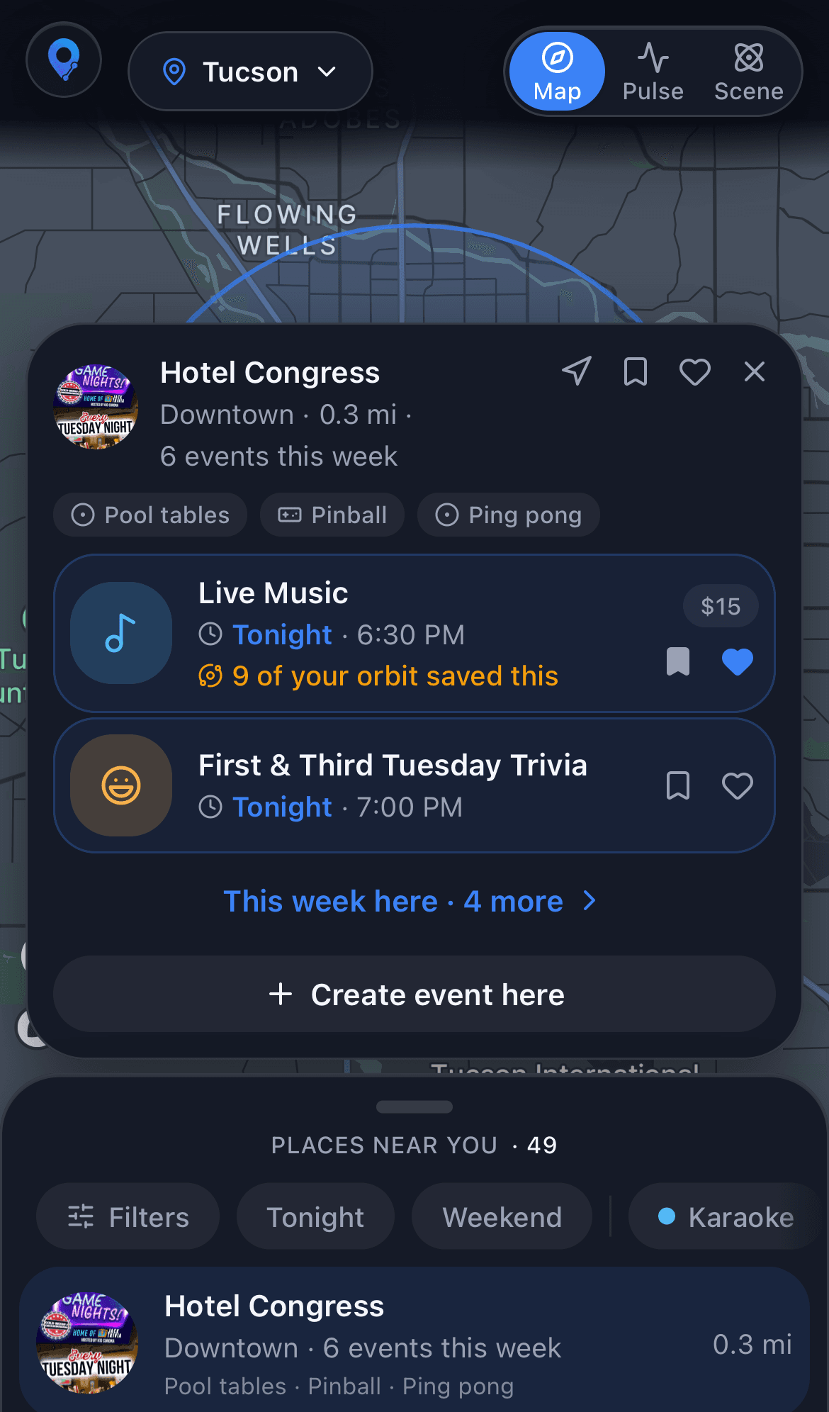 A venue on the Joinue explore map, with what it has going this week