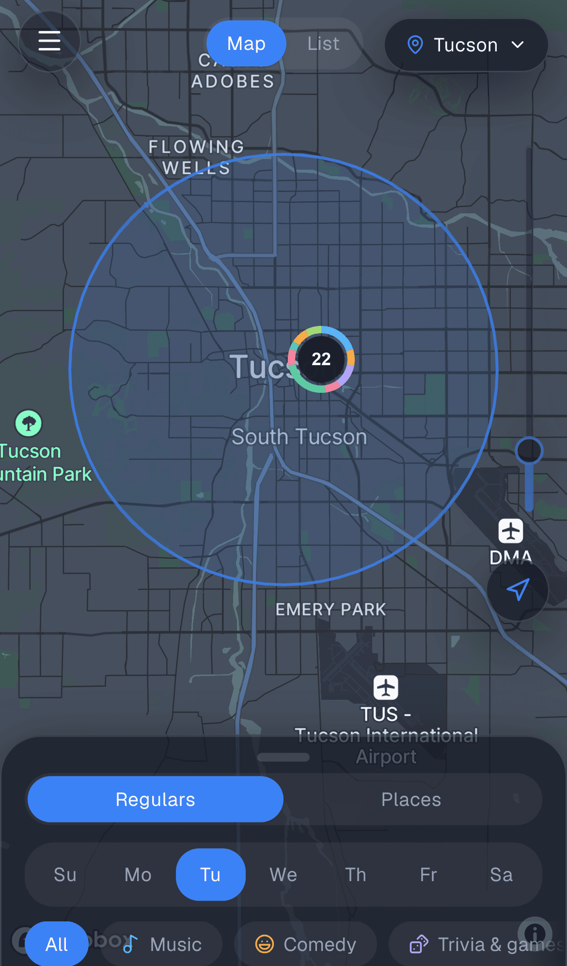 The Joinue explore map, with venue pins filtered by kind of night
