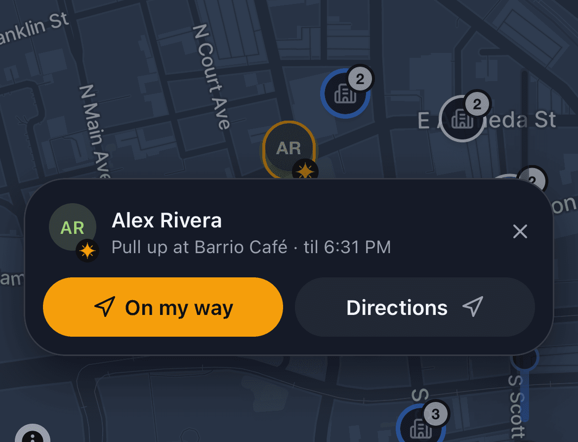 A friend's Pull up flare on the Explore map, with their card open