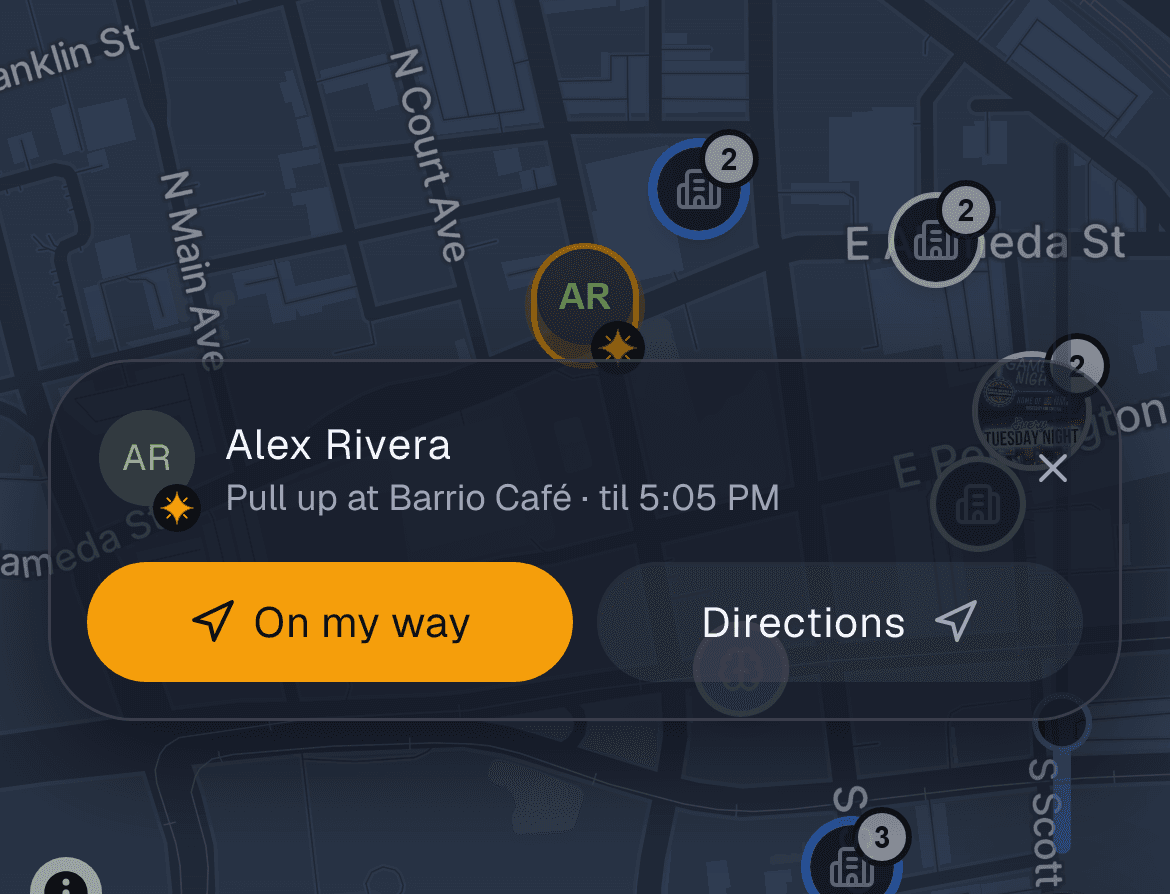 A friend's Pull up flare on the Explore map, with their card open