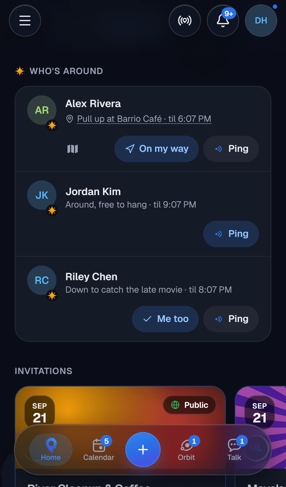 The who's around list, with friends out and their replies