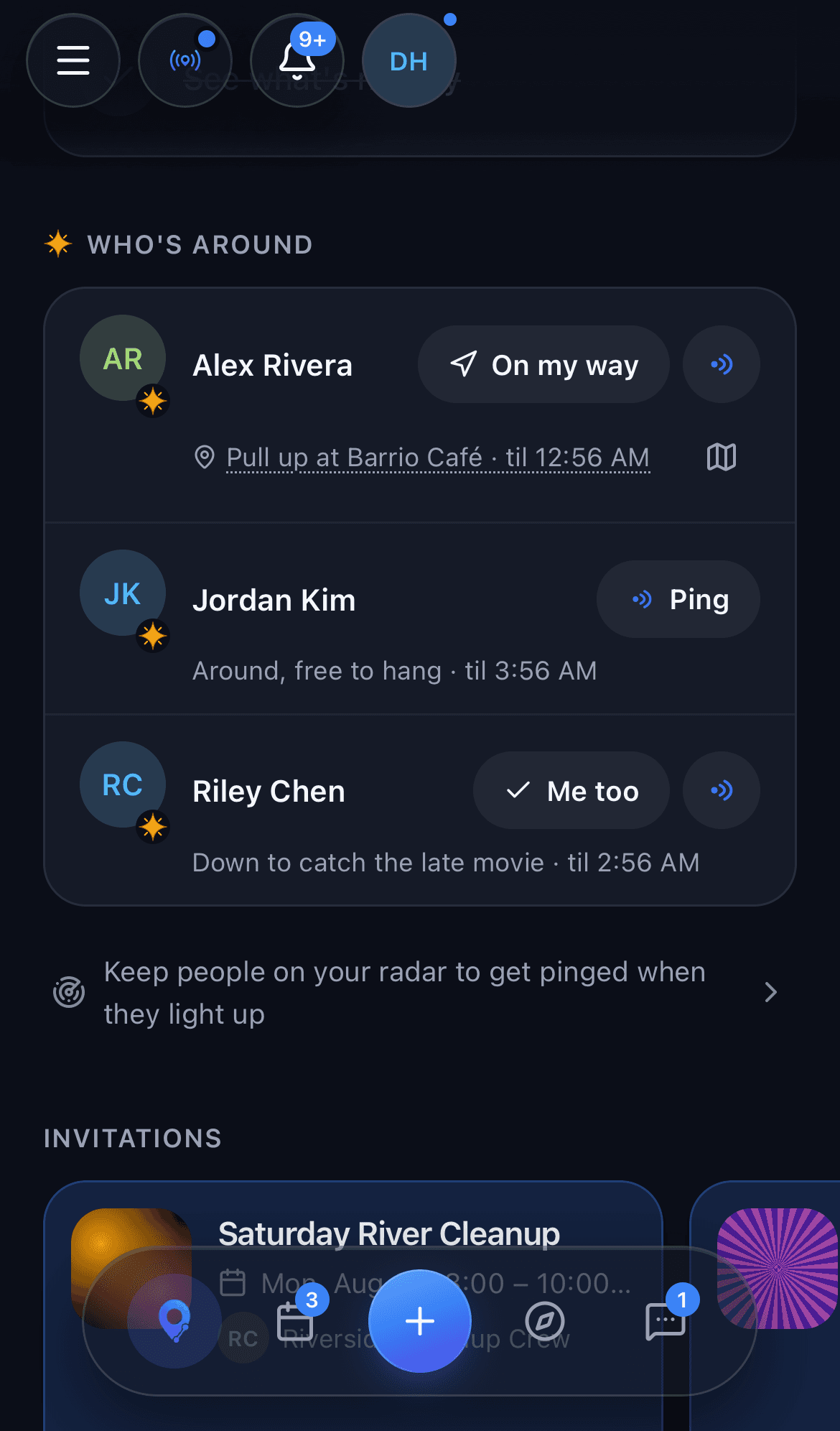 The who's around list, with friends out and their replies