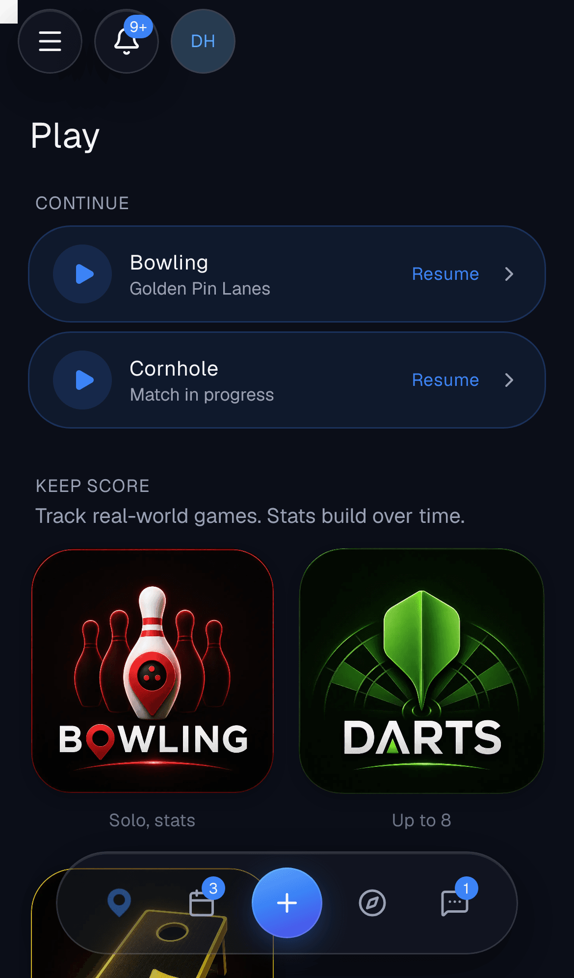 The Play hub with party games and score trackers
