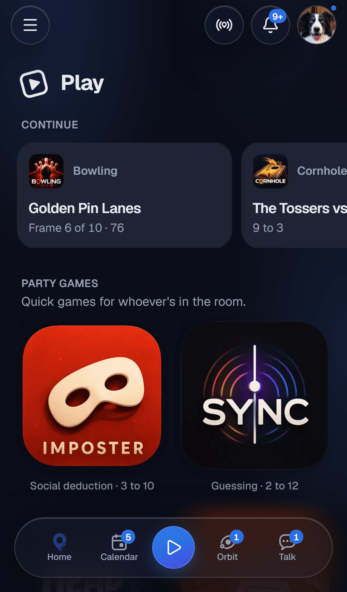 The Play hub: games to start, ones still running, and the score trackers