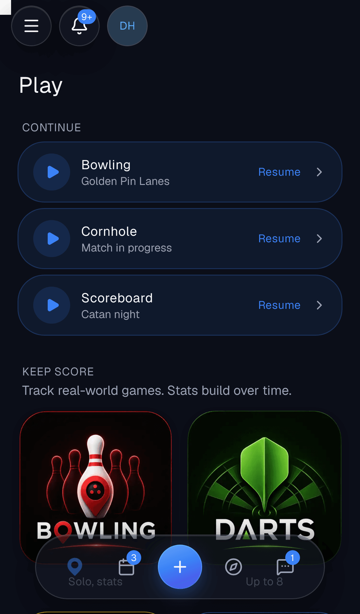 The Play hub: games to start, ones still running, and the score trackers