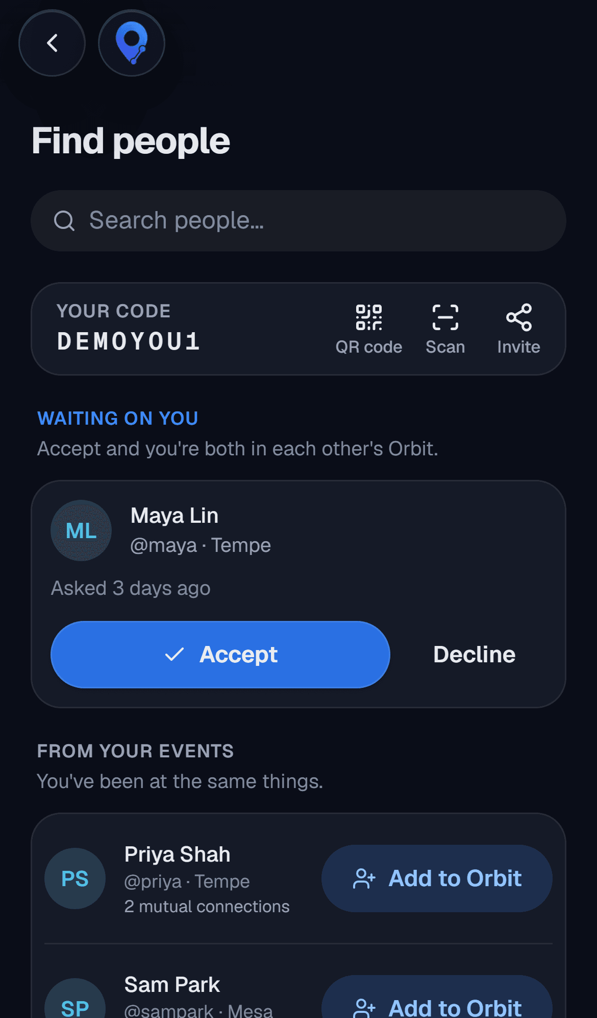 The find people screen with your friend code, QR, and search