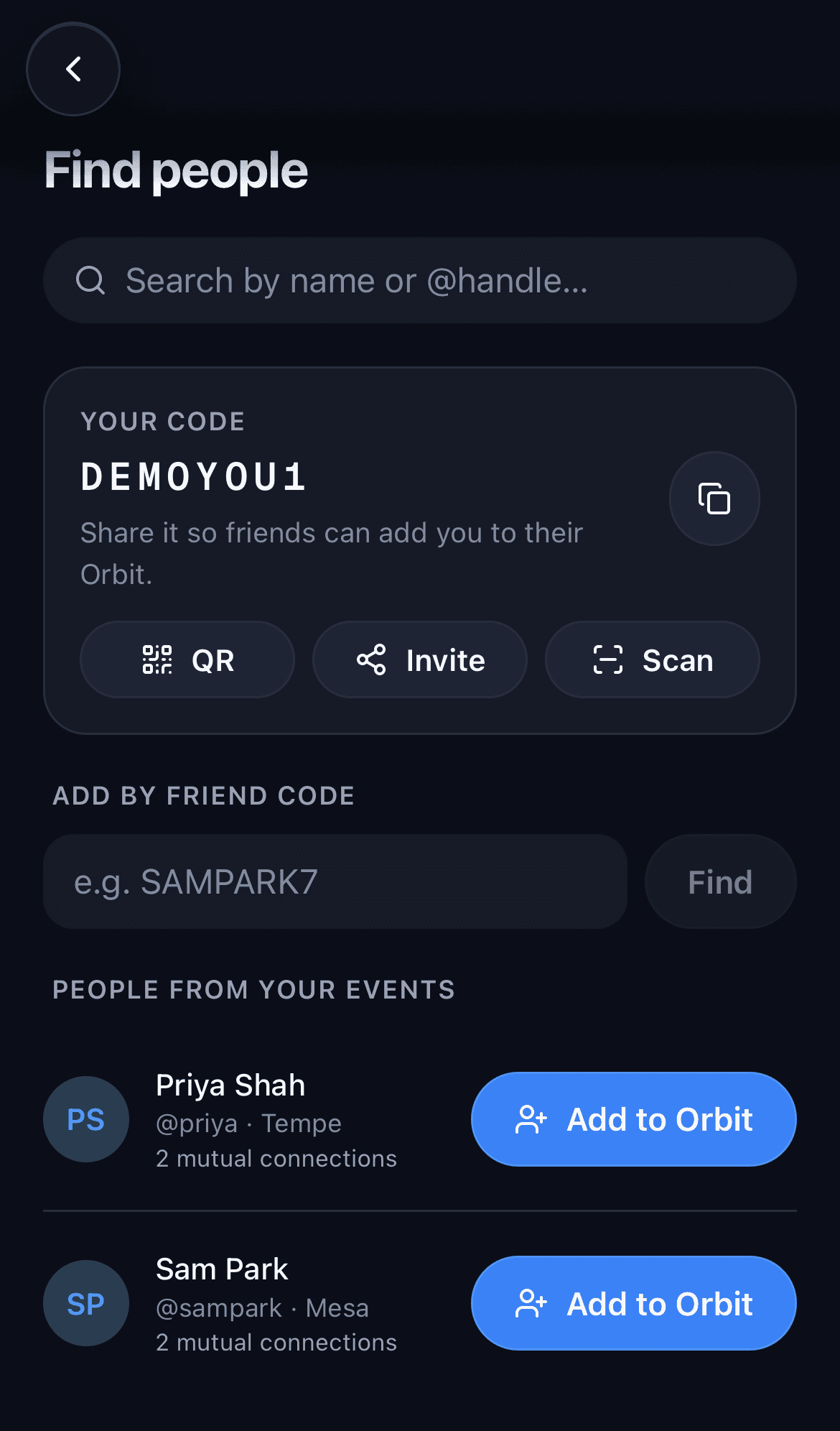 The find people screen with your friend code, QR, and search