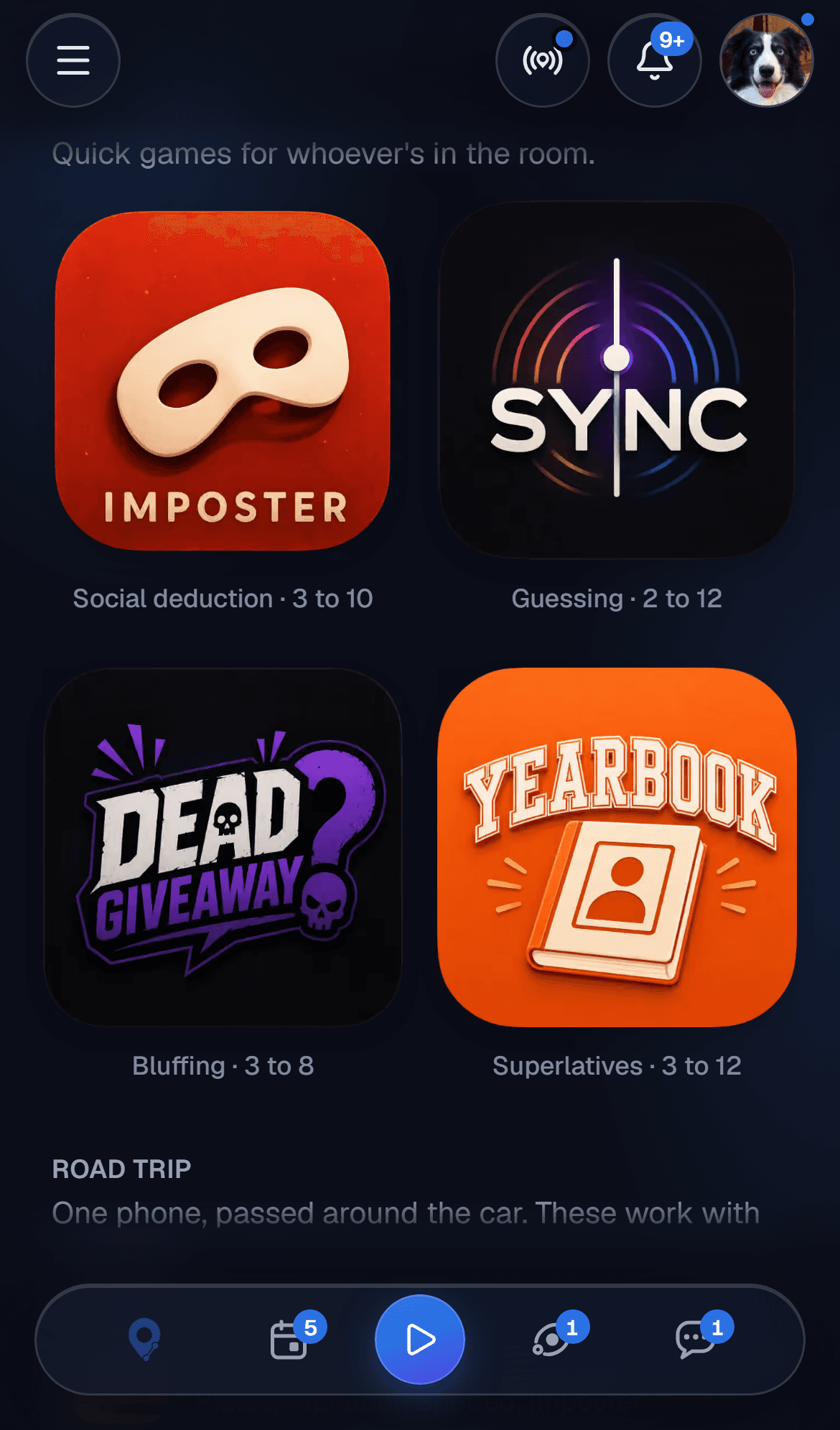 The party games shelf: Imposter, Sync, Dead Giveaway, and Yearbook