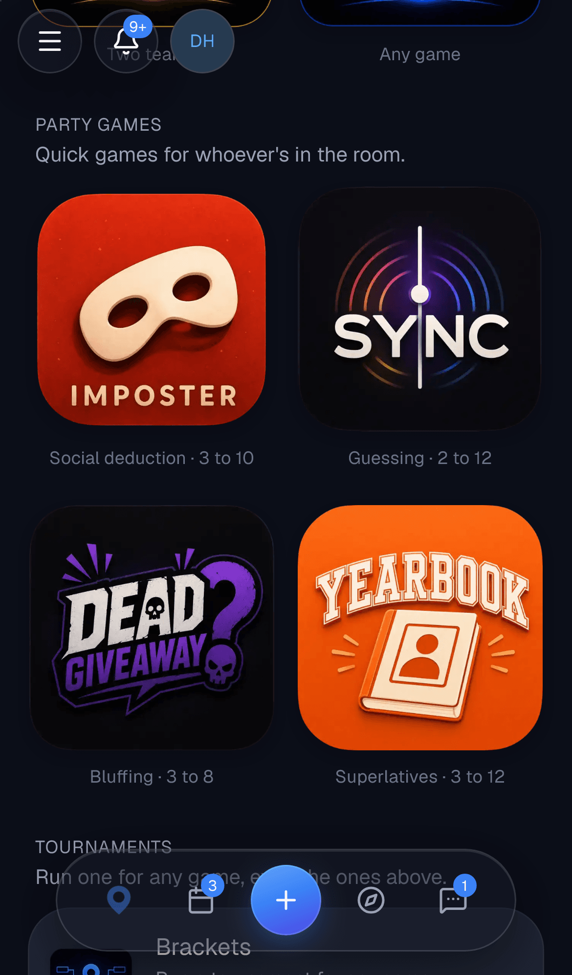 The party games shelf: Imposter, Sync, Dead Giveaway, and Yearbook