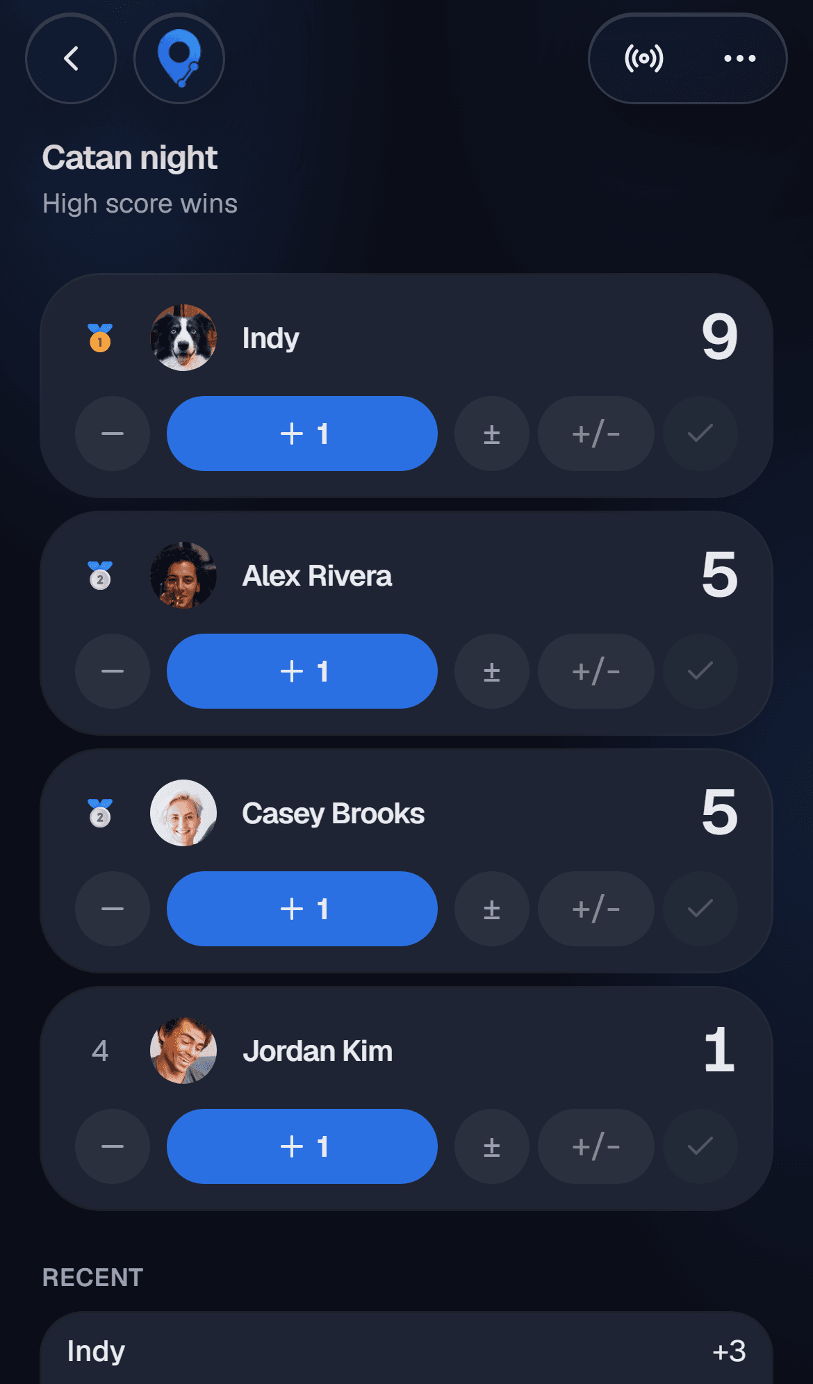 A scoreboard for a board game night, ranking four players live