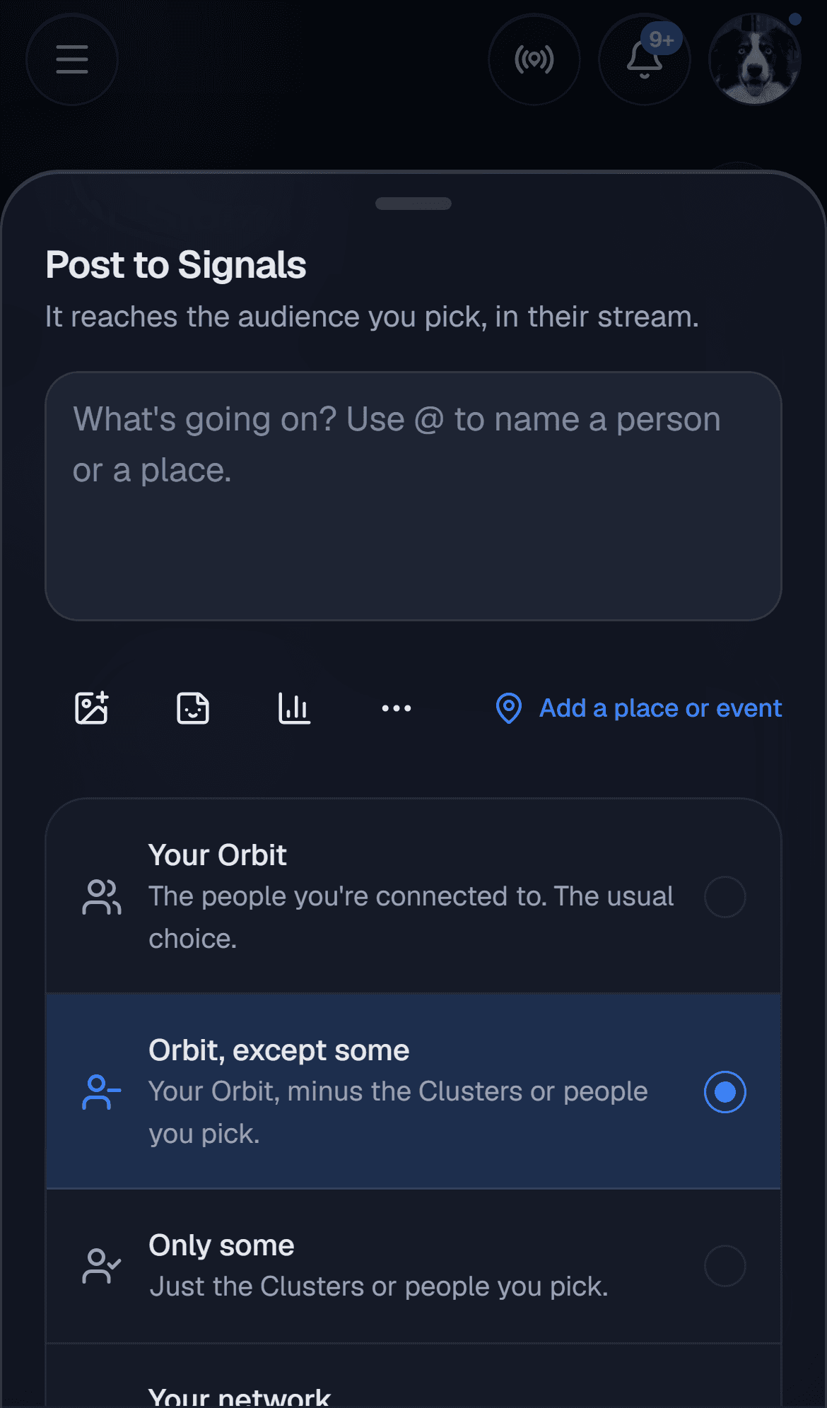 The Signals composer with its audience list, Orbit except some picked
