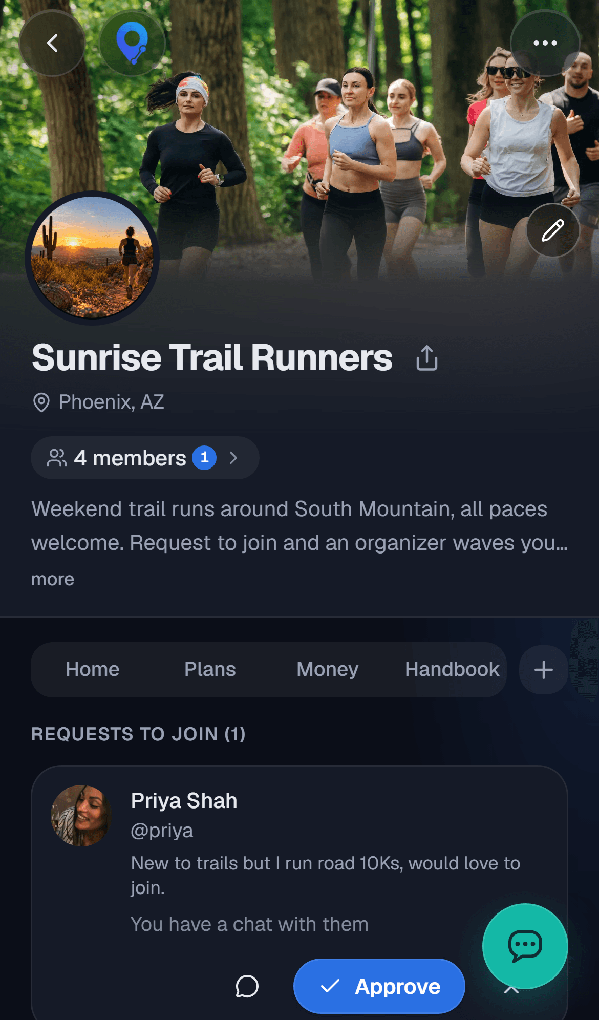 A run club's members page, with a request to join and the runner's answer waiting for approval