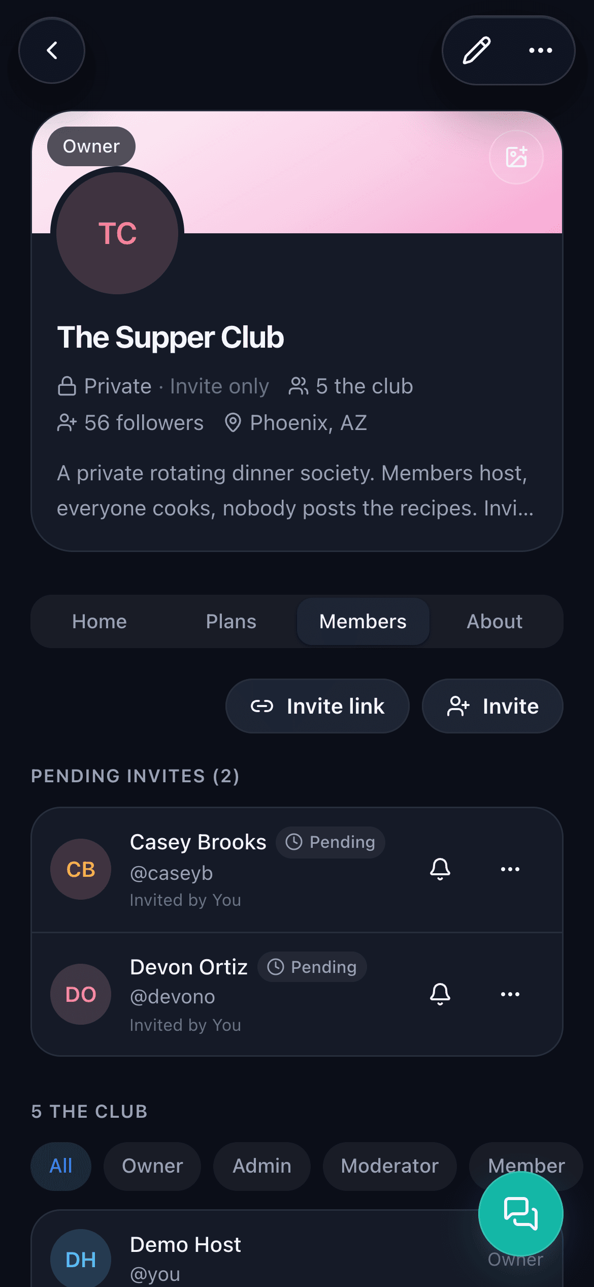 A Space's member list with roles and privacy controls