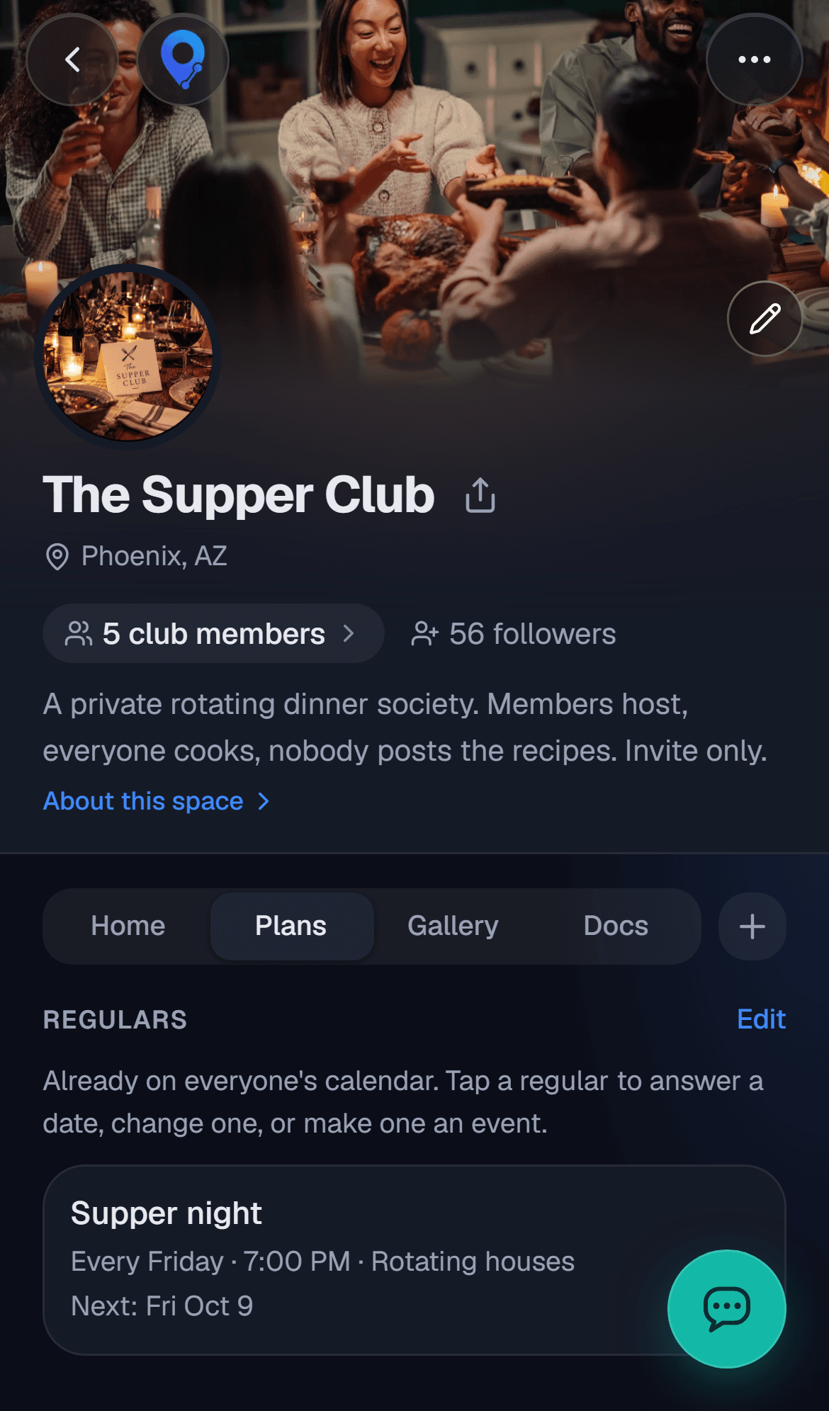 A supper club's Plans tab: every Friday at 7pm, with 56 followers