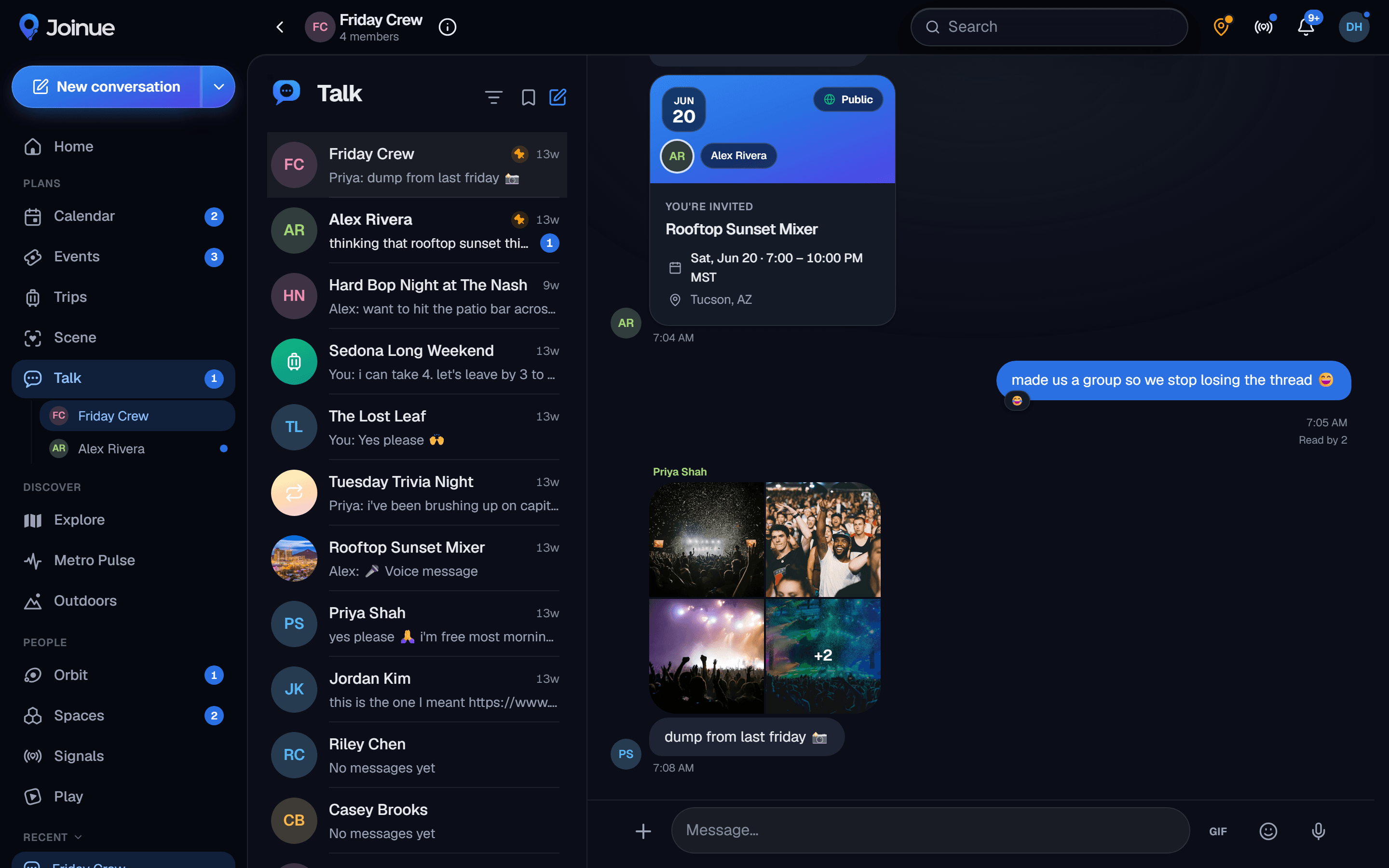 Talk's two-pane desktop layout with the conversation list and open thread