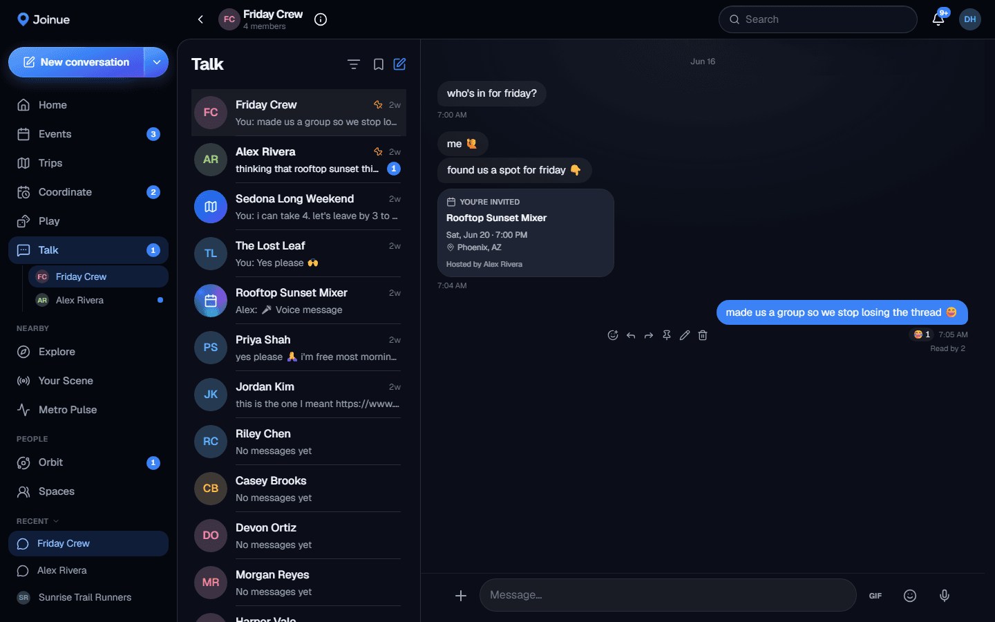 Talk's two-pane desktop layout with the conversation list and open thread