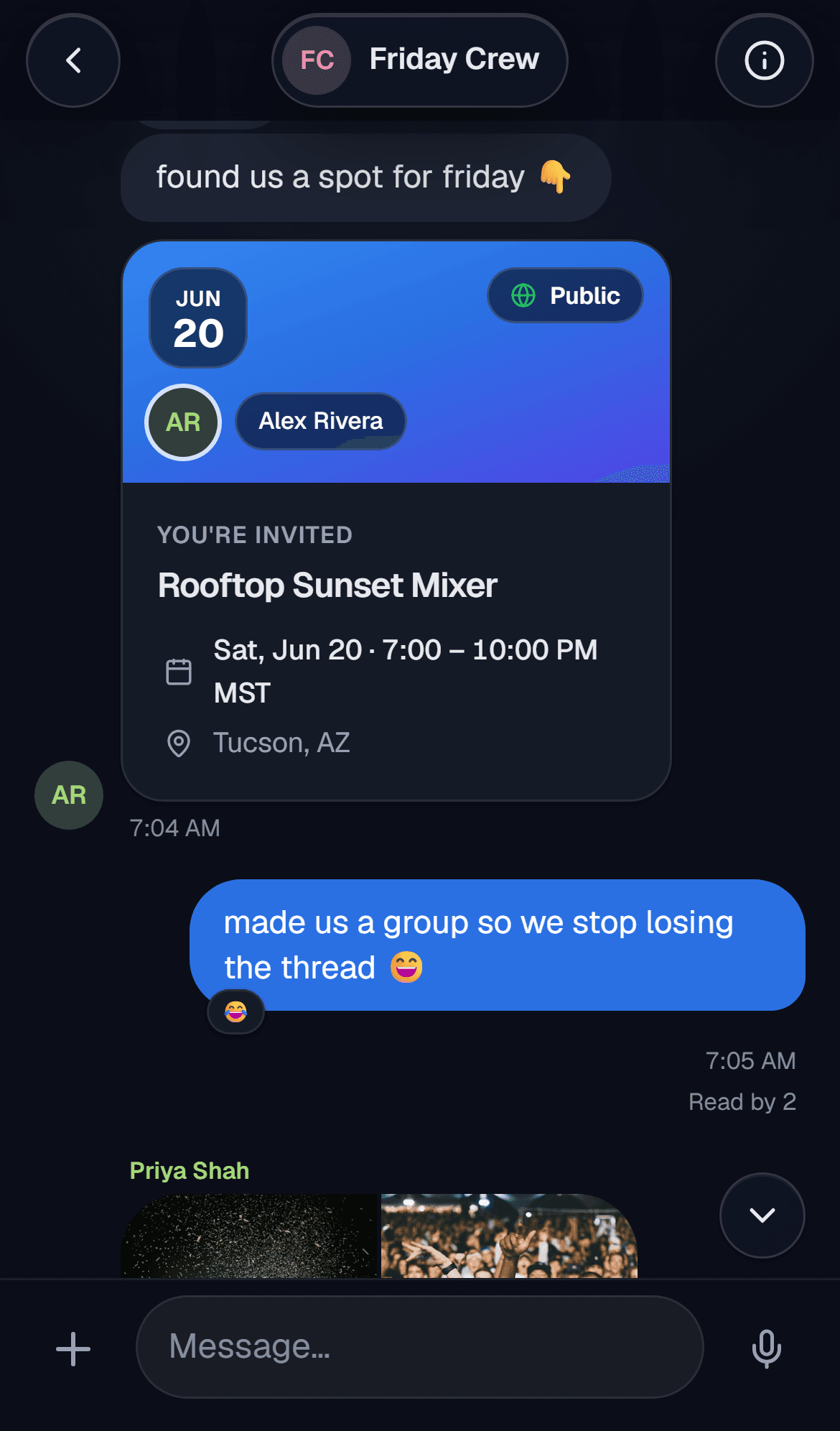 A group chat with a shared event invite card
