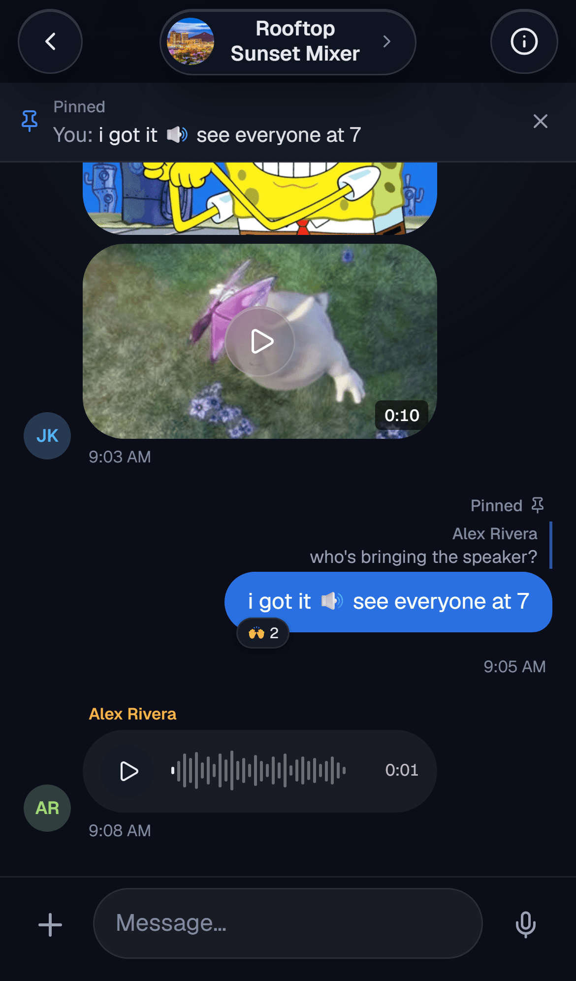 An event chat thread with a pinned message and a voice note